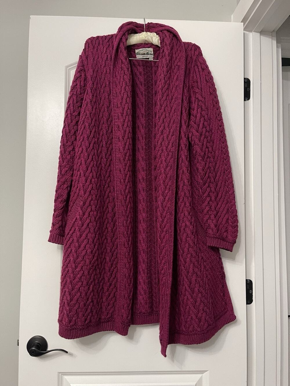 Aran Crafts Purple Irish Fisherman Merino Wool Oversize Open Cardigan Sweater M